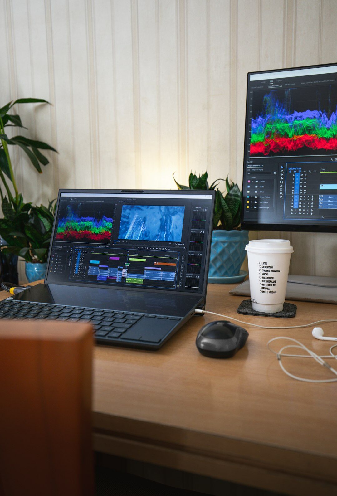 Video editor working at a multi monitor workstation